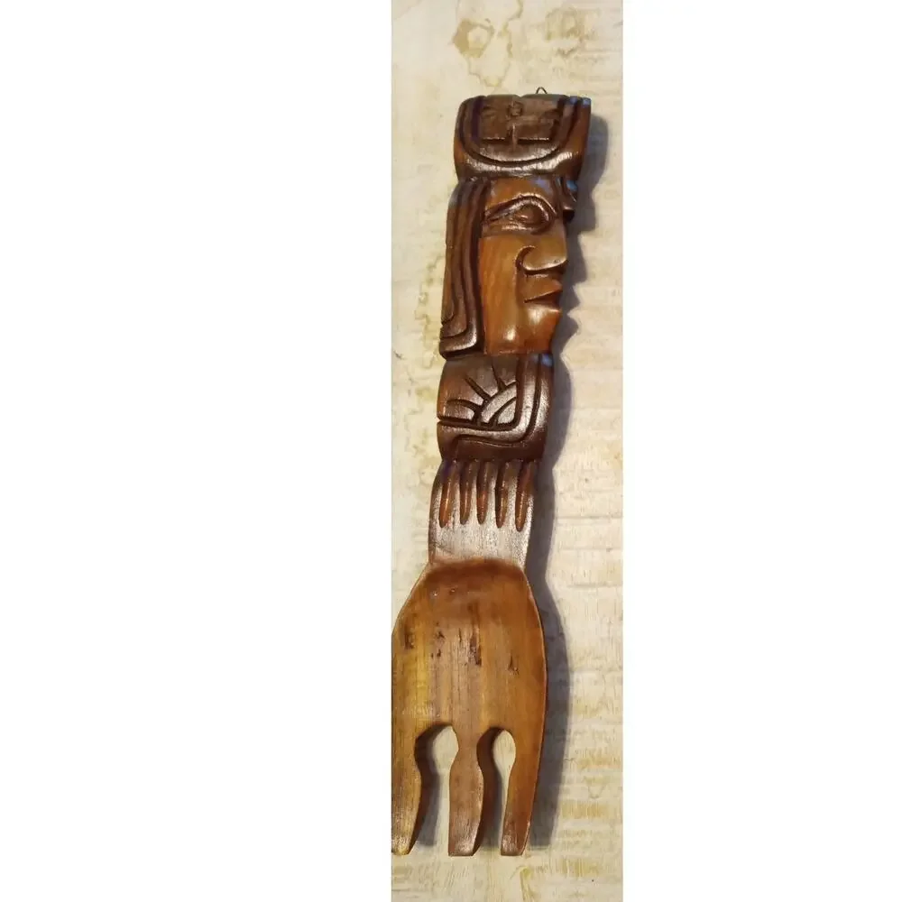 Vtg El Salvador Hand Carved Wood Spoon Fork Knife Set Wall Decor Indigenous Face